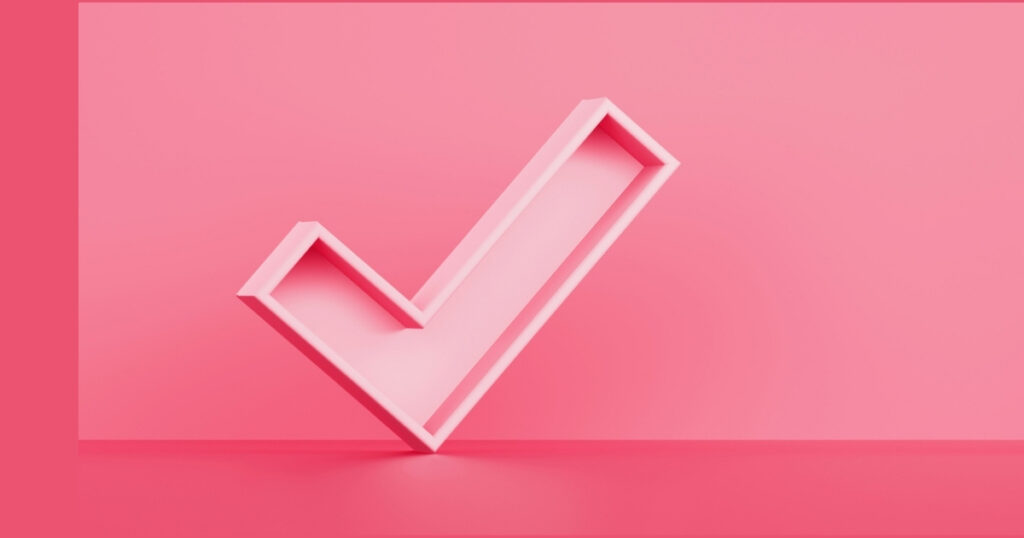 3D pink check mark on pink background