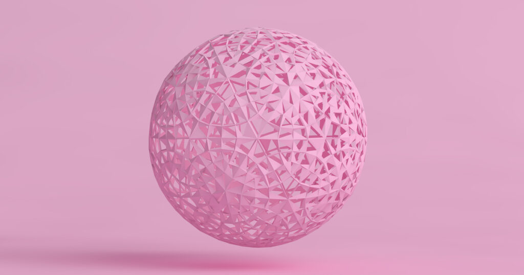 Geometric pink sphere with intricate triangular pattern.