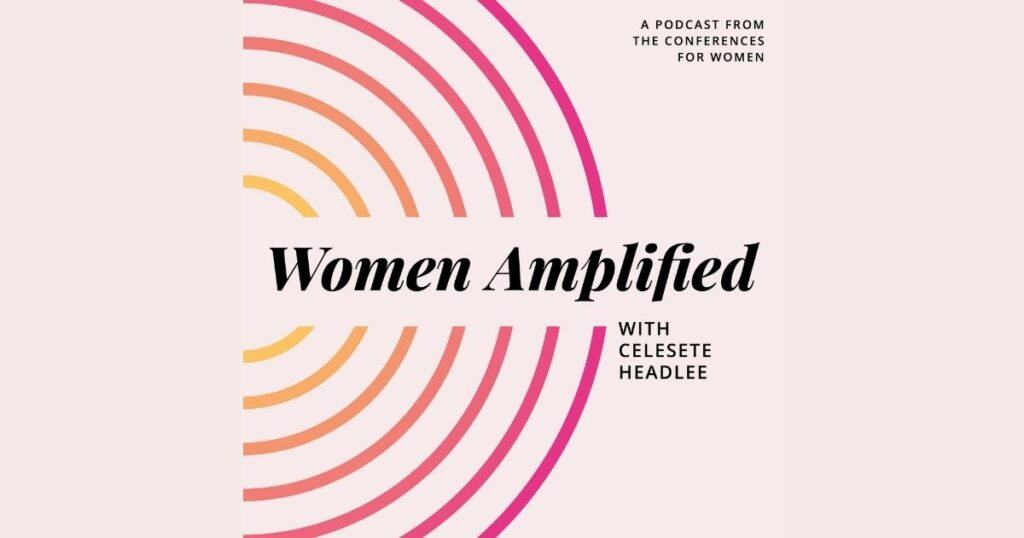 Women Amplified podcast, pink circular design.