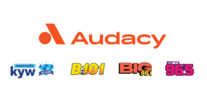 Audacy and radio station logos.