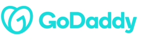 GoDaddy logo with turquoise text and icon.