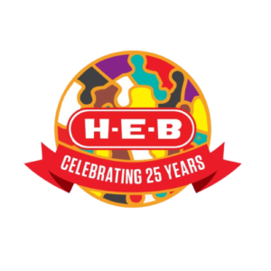 H-E-B logo celebrating 25 years with colorful design.