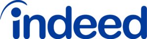 Indeed logo, blue text with dot and arc