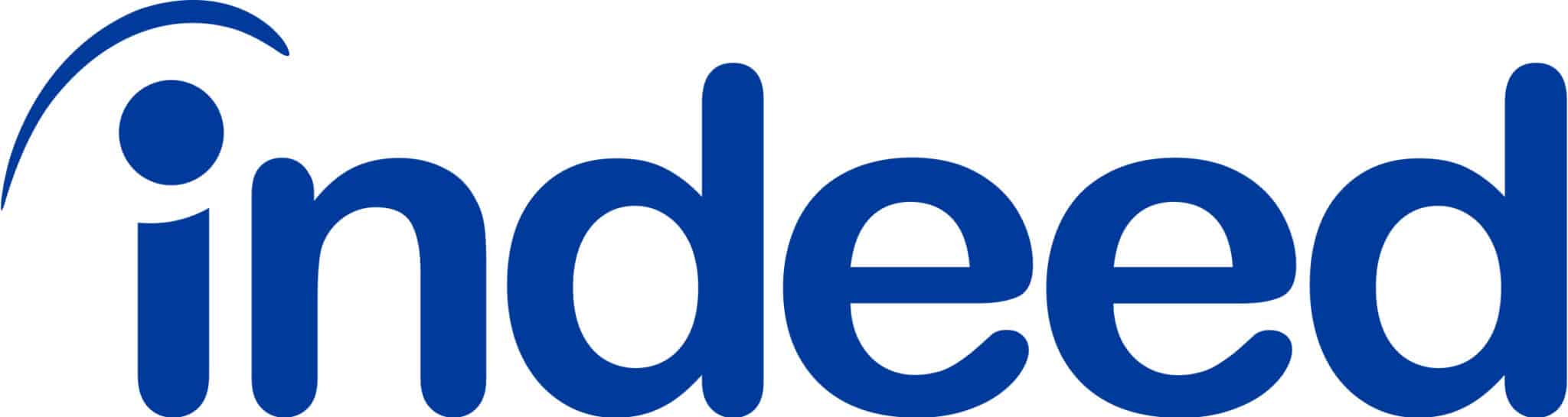 Indeed logo, blue text with dot and arc