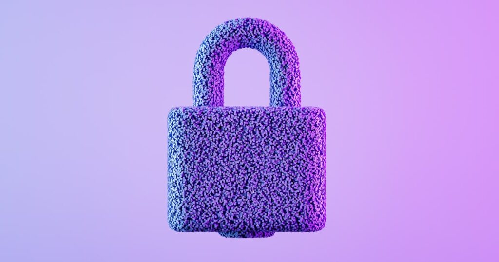 Padlock with particles on neon background. Digitally generated image.
