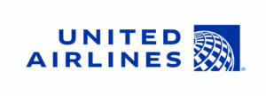 United Airlines logo, blue text and globe.