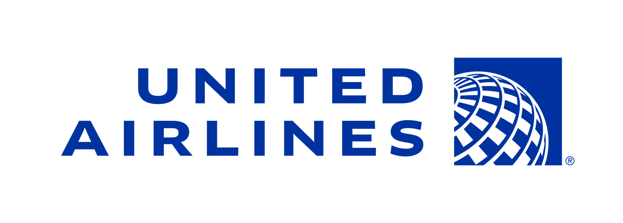 United Airlines logo, blue text and globe.