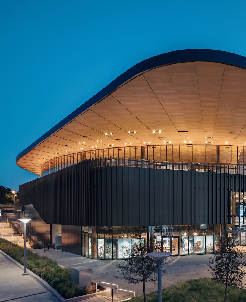 Modern building exterior with evening lights