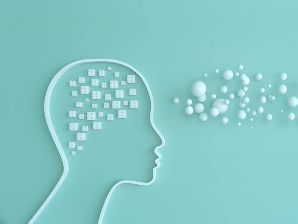 abstract human head outline with 3d blocks and spheres