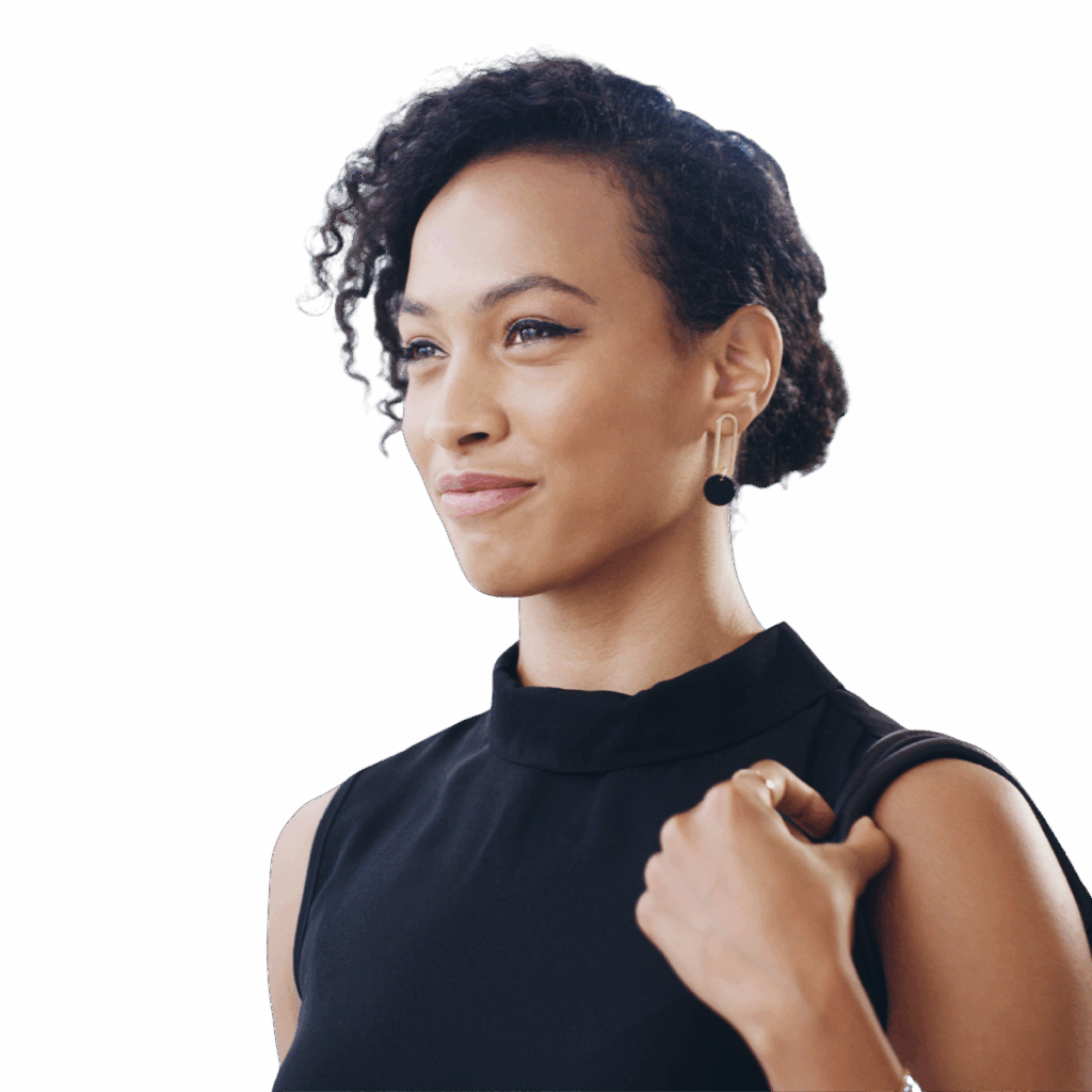 Smiling person with short hair and earrings.